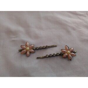 Vintage Pink Flower Hair Bobby Pins With Rhinestone Accents